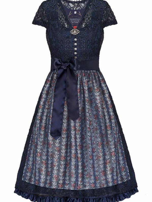 Midi Dirndl 70cm dunkelblau Satin-Spitze Britta 006278