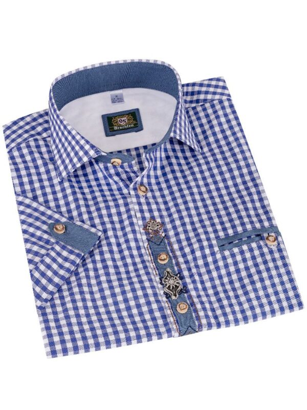Trachtenhemd kurzarm blau kariert mit Applikationen 011957 ~ 36